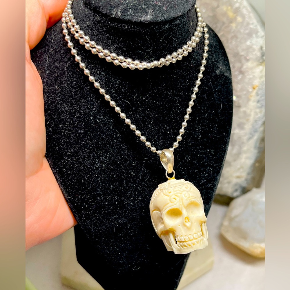 Hand crafted sugar skull bone pendant necklace